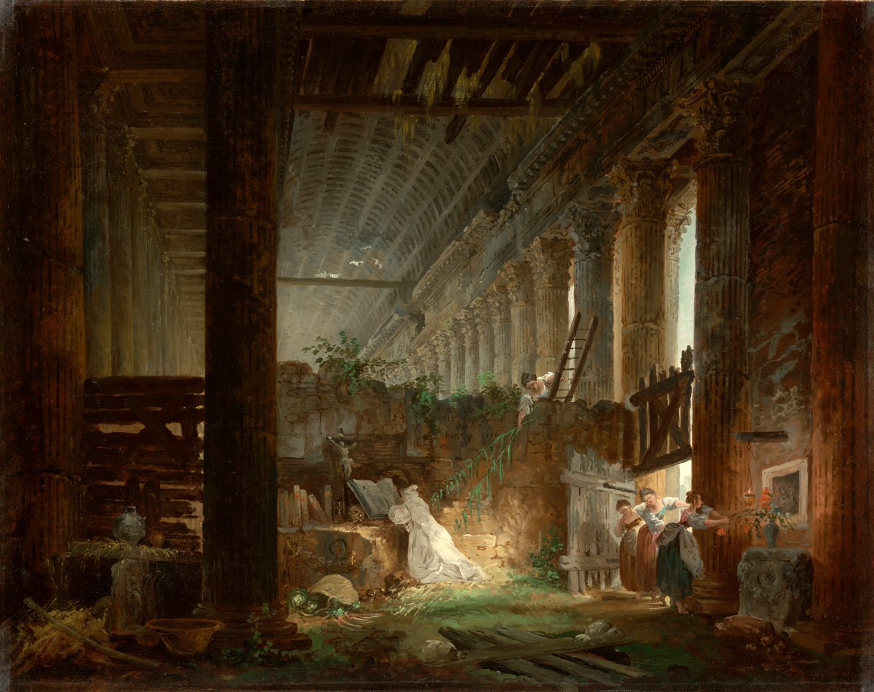 Bir Roma Tapınağı Harabelerinde Dua Eden Bir Münzevi. c.1760 (tuval üzerine yağlı boya) by Hubert Robert