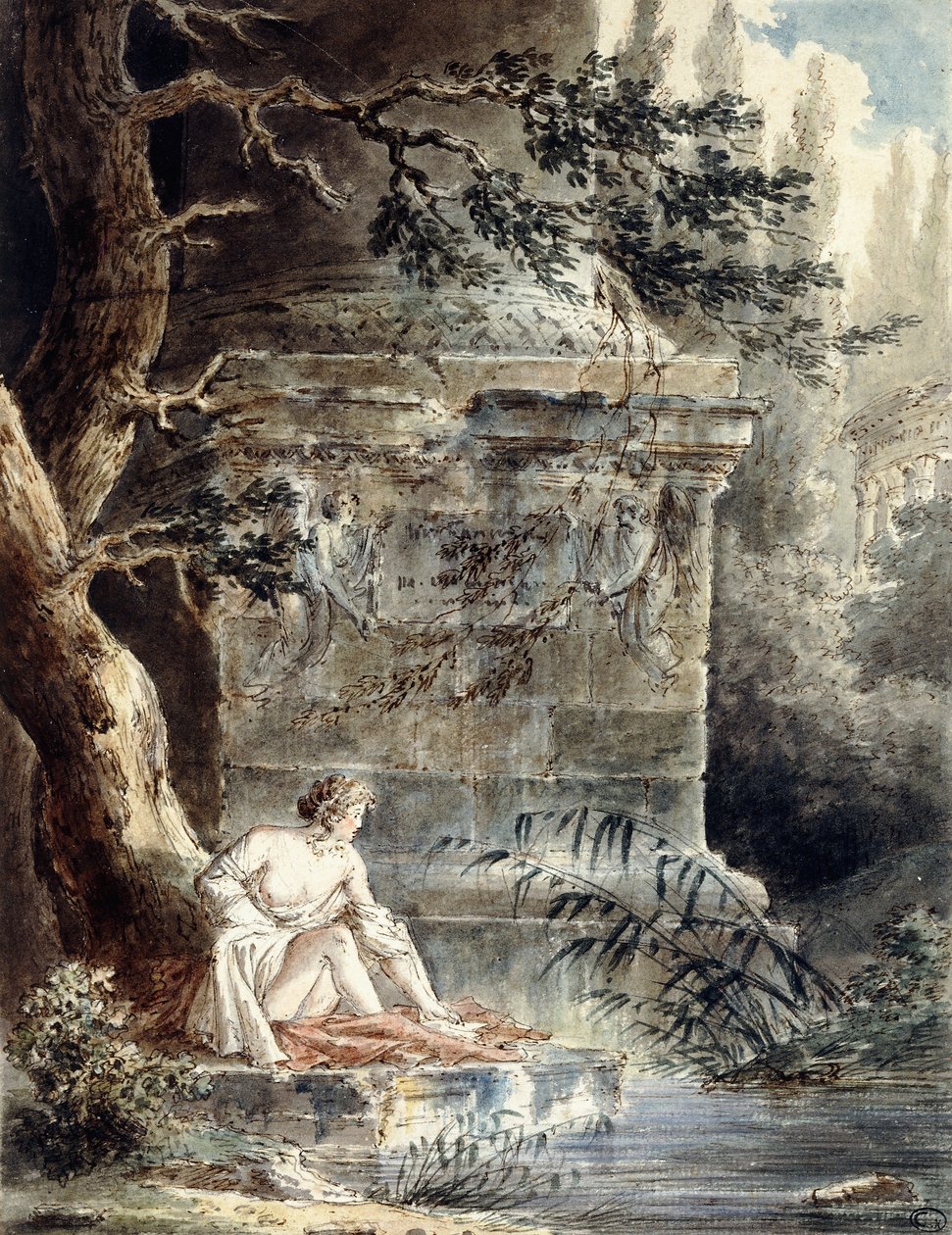 Bir Sütunun Yanında Genç Bir Yıkanan, by Hubert Robert