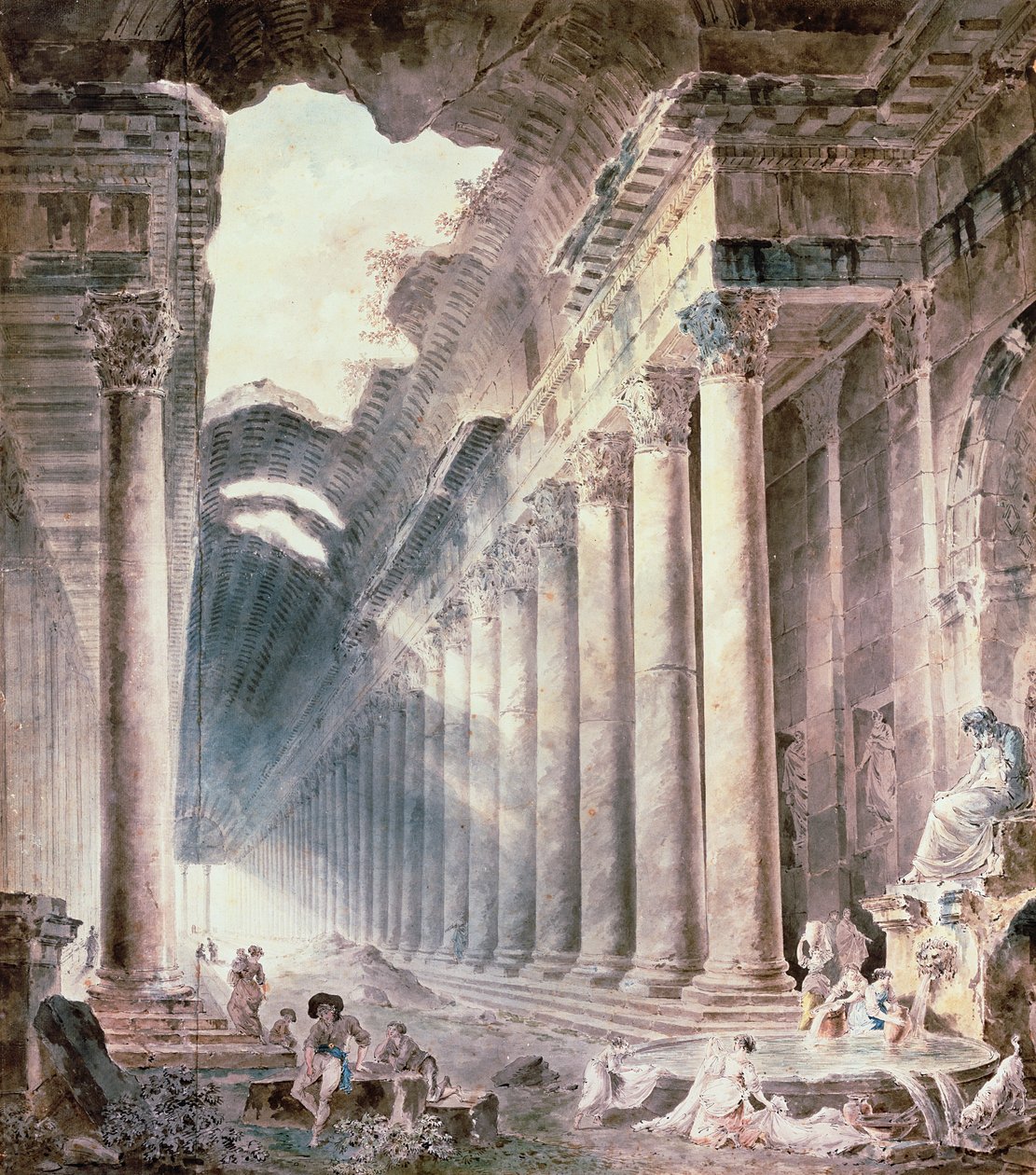 Sütunlu bir termal bina, çatısı kısmen gökyüzüne açık, kızlar çamaşır yıkıyor (suluboya, kurşun kalem, mürekkep) by Hubert Robert