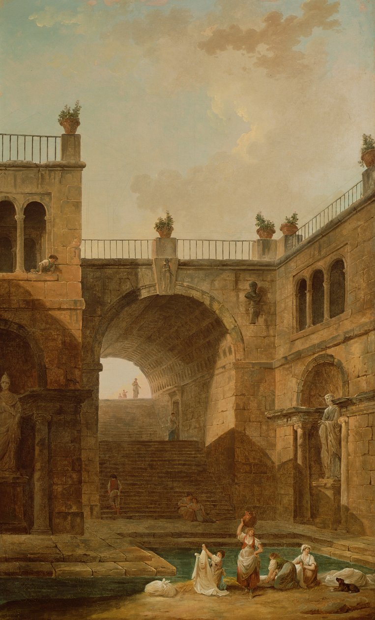 Havuzda Çamaşır Yıkayan Kadınların Mimari Sahnesi by Hubert Robert