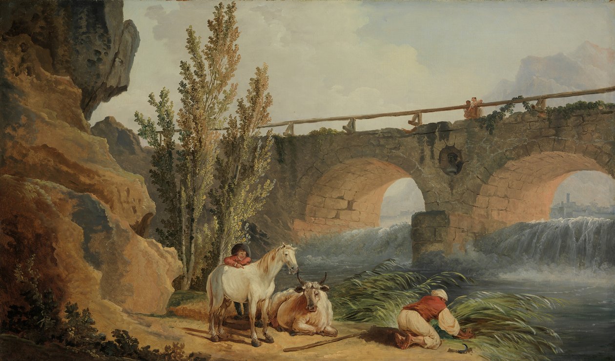 Cascade üzerinde köprü. by Hubert Robert