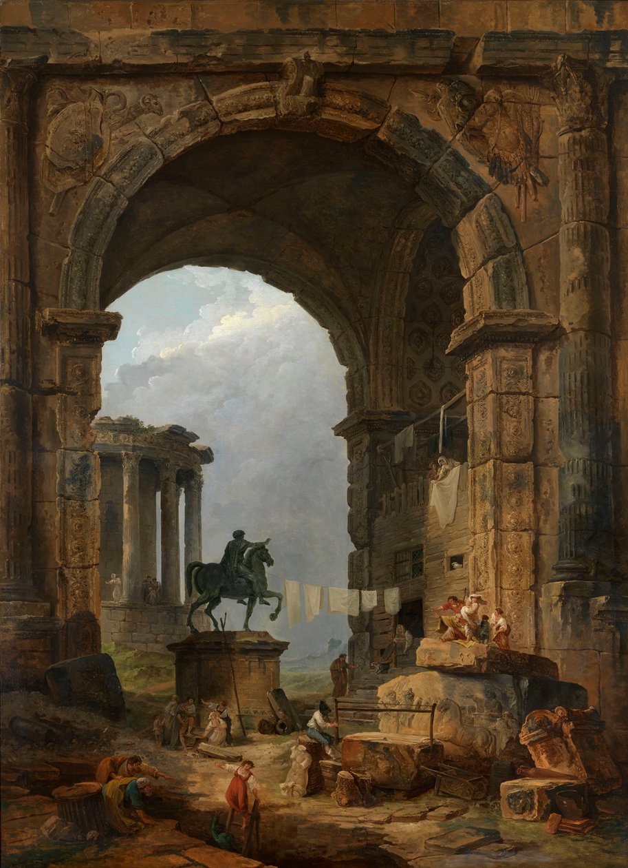 Marcus Aurelius heykeli ile Caprice antika. by Hubert Robert