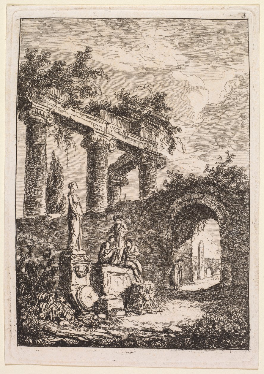 Roma'da Akşamları: Harabelerin Önündeki Heykel by Hubert Robert