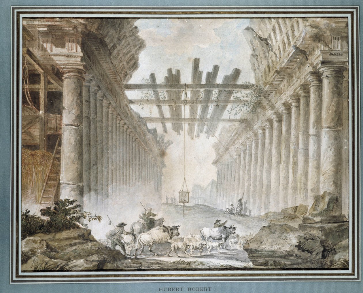 Bir çizim tapınağının harabelerinde sürü (tuval üzerine yağlı boya) by Hubert Robert