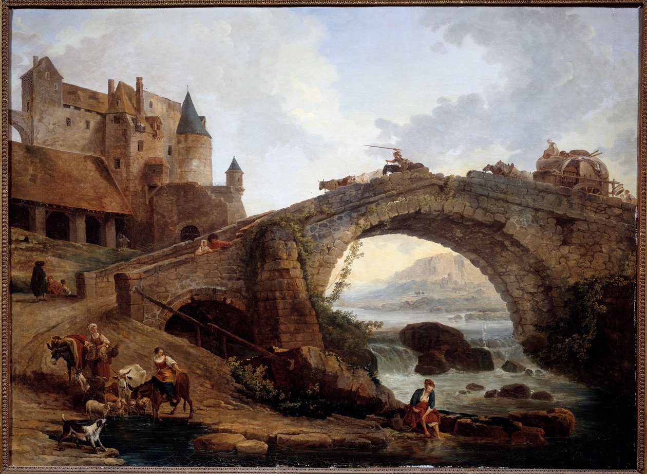 Hubert Robert (1733-1808) 1776 Sun tarafından Köprü Resmi ile Manzara. 0,76x1,04 m Montpellier müzesi Fabre by Hubert Robert