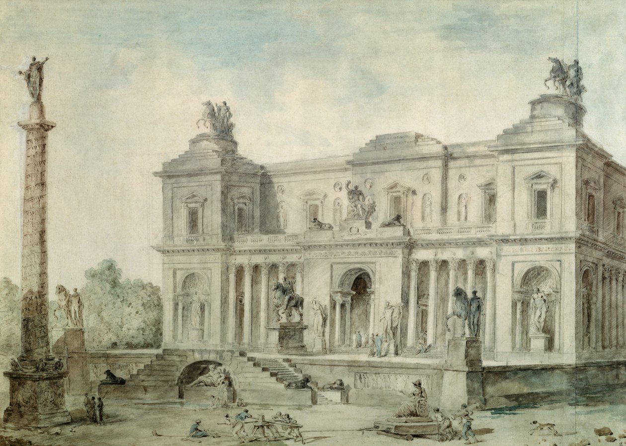 Le Musée des Antiques, c.1800 (kağıt üzerine tebeşir, kalem ve mürekkep ve tuvalet) by Hubert Robert