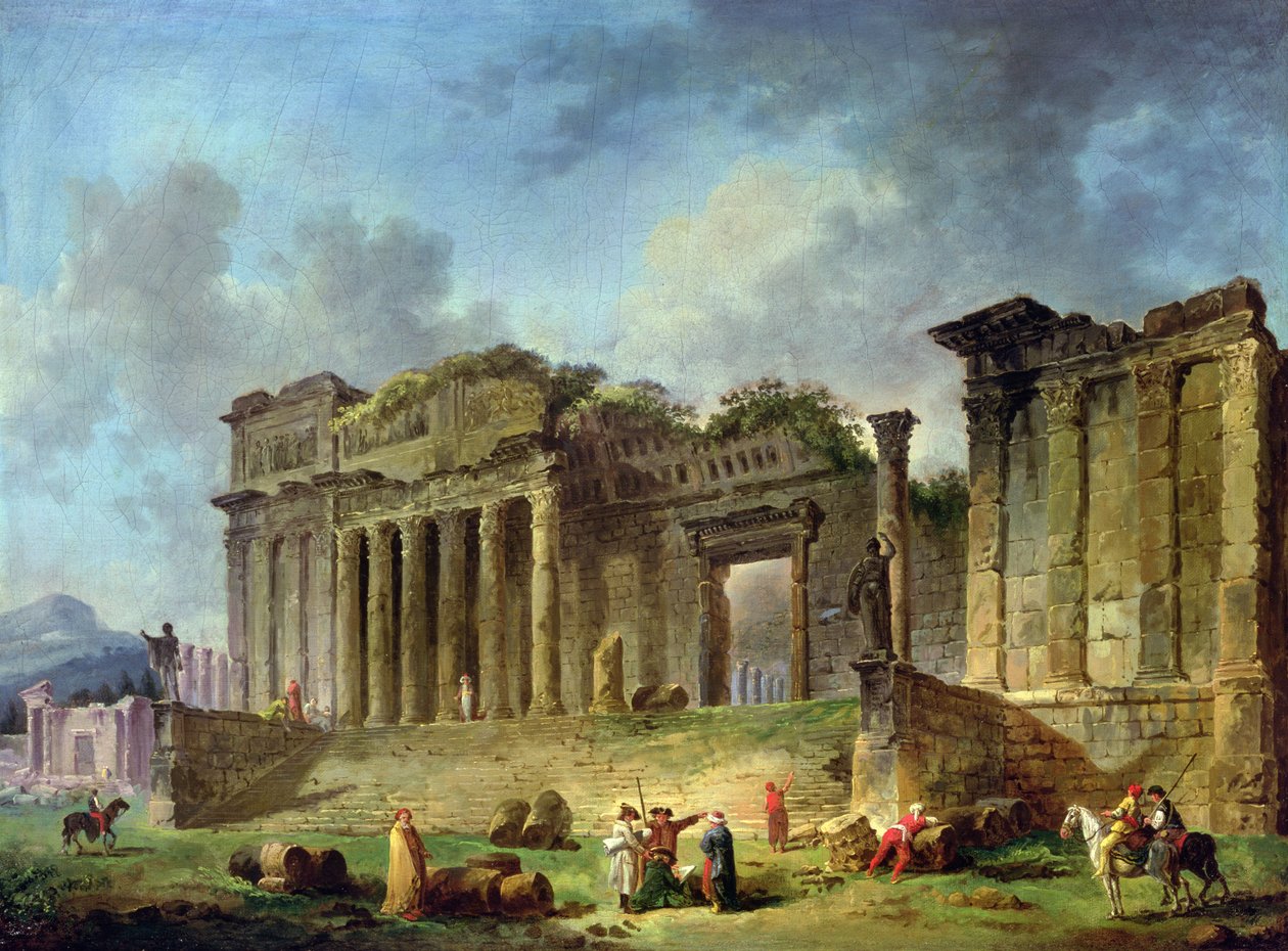 Klasik bir tapınağın kalıntılarını çizen adam (tuval üzerine yağlı boya) by Hubert Robert