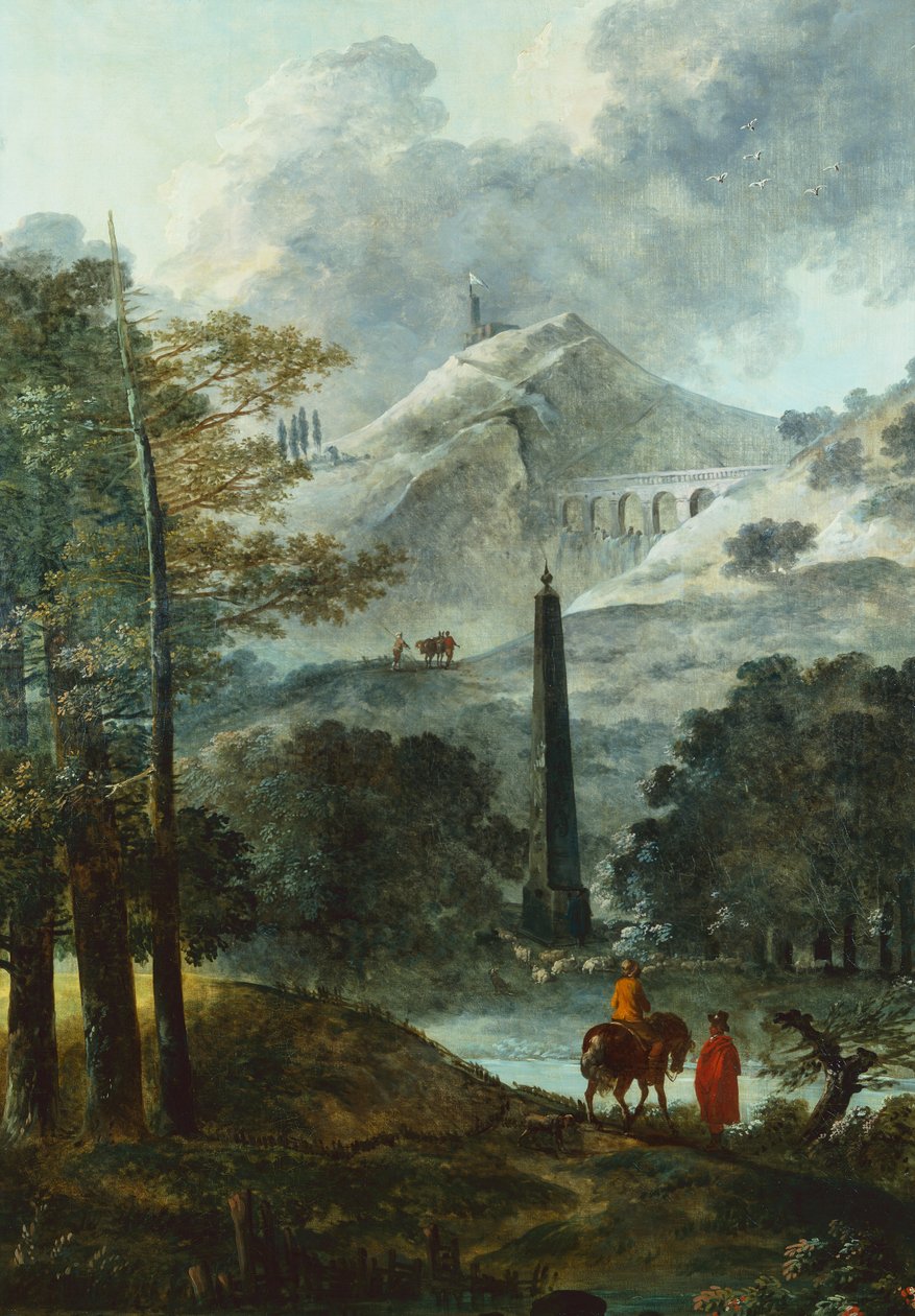 Dikilitaş ile Dağlık Manzara (tuval üzerine yağlı boya) by Hubert Robert