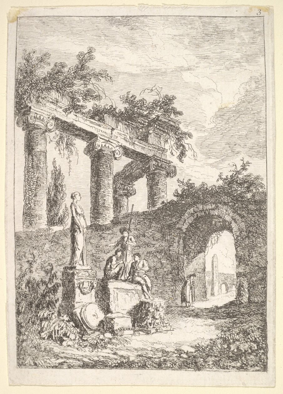 Levha 3: Harabelerden Önce Heykel: bir duvarda üç figürün yanında solda bir heykel..., yakl. 1763-64. by Hubert Robert