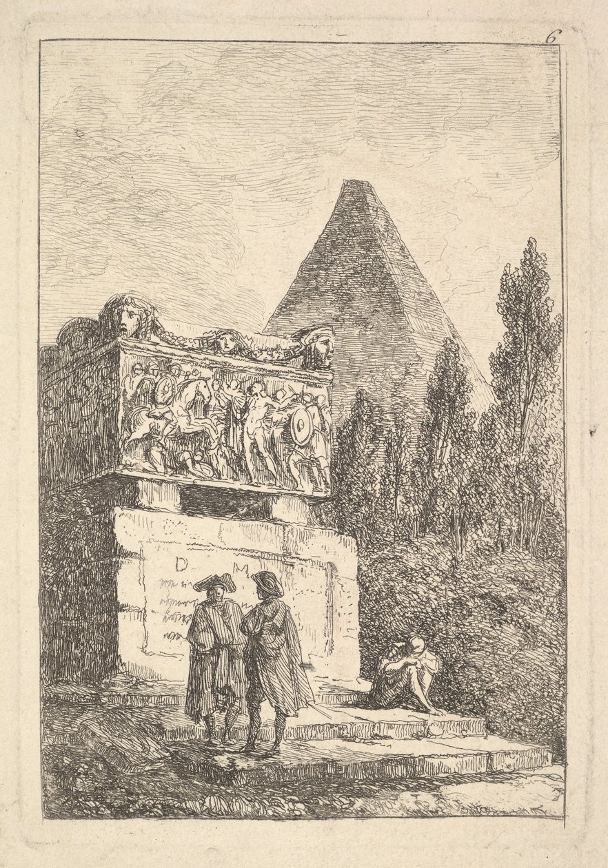Levha 6: Lahit: sola doğru sohbet eden iki adam, oturan ve uyuyan başka bir adam..., yakl. 1763-64. by Hubert Robert