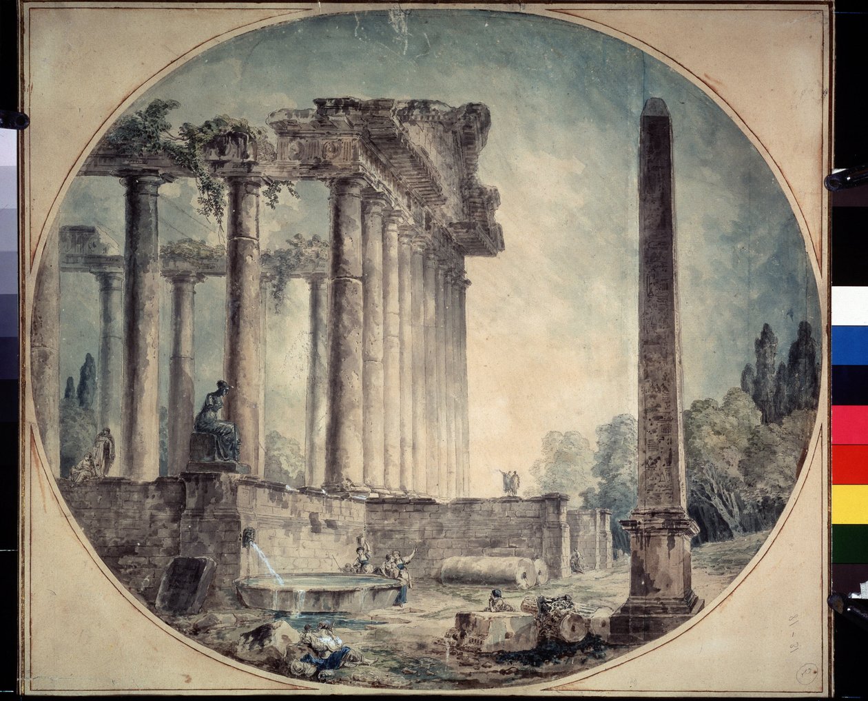 ""Antik Harabeler ve Dikilitaş"" Hubert Robert (1733-1808) tarafından Suluboya 1776 Devlet A. Puşkin Güzel Sanatlar Müzesi, Moskova, Rusya by Hubert Robert