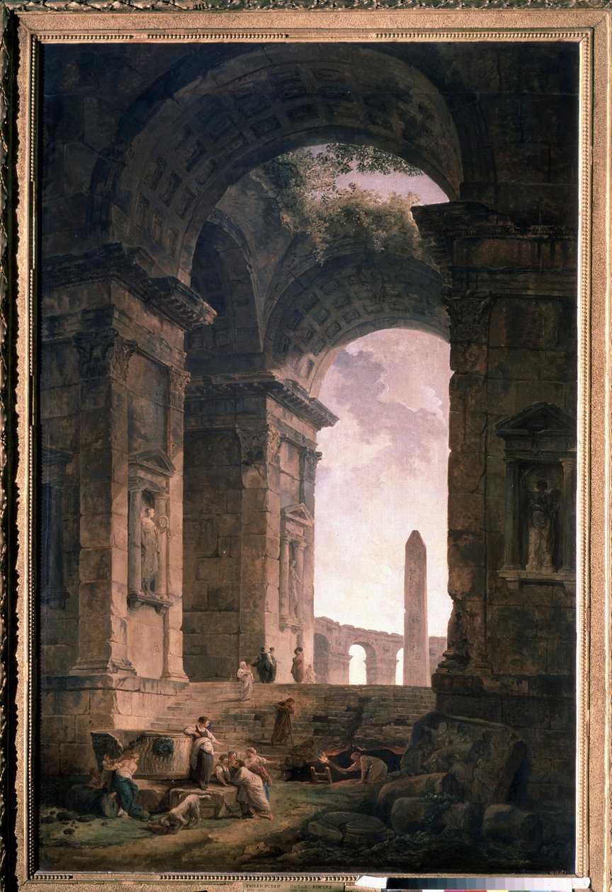 Bir dikilitaş ile harabeler. Hubert Robert (1733-1808), tuval üzerine yağlı boya by Hubert Robert