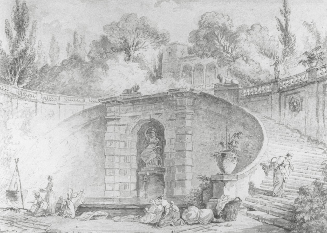 The Large Staircase, 1761-1765 (kalem ve siyah mürekkep, fırça ve gri yıkama ve siyah tebeşir üzerine sulu boya, kirli beyaz serilmiş kağıt üzerine alttan çizim, filigranlı) by Hubert Robert