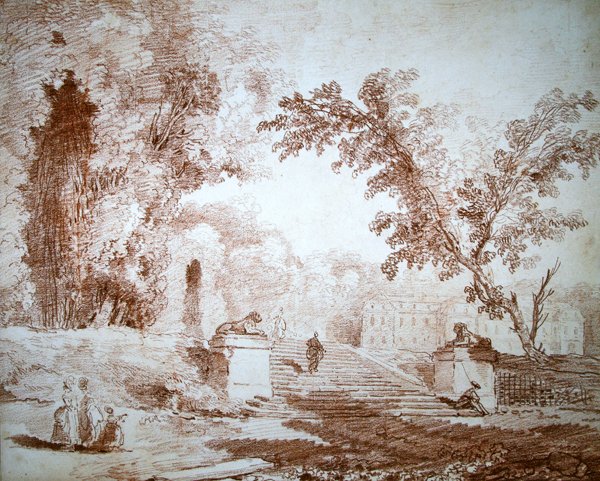 Teraslı bir bahçe manzarası (kağıt üzerinde kırmızı tebeşir) by Hubert Robert