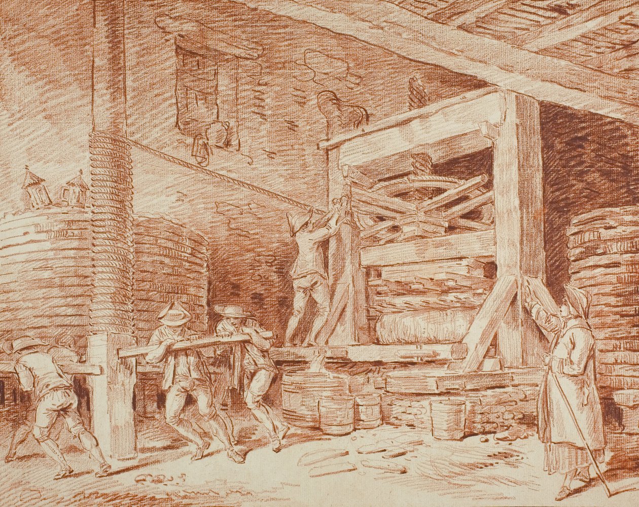 Wine Press, c.1759 (devetüyü serilmiş kağıt üzerine kırmızı tebeşir, krema serilmiş kart üzerine serilmiş) by Hubert Robert