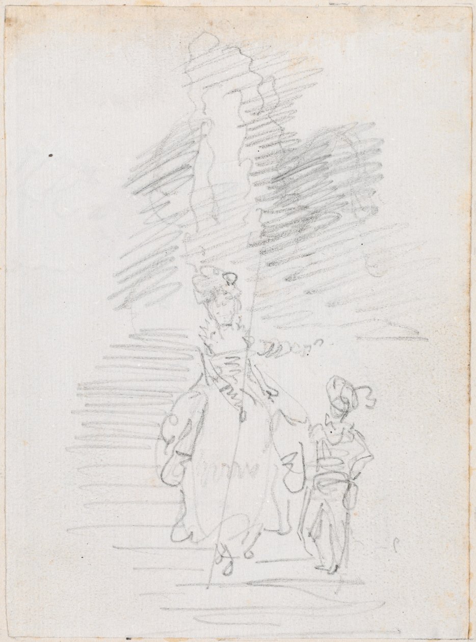 Büyük Merdivende Kadın ve Küçük Erkek Figürü [rekto] by Hubert Robert