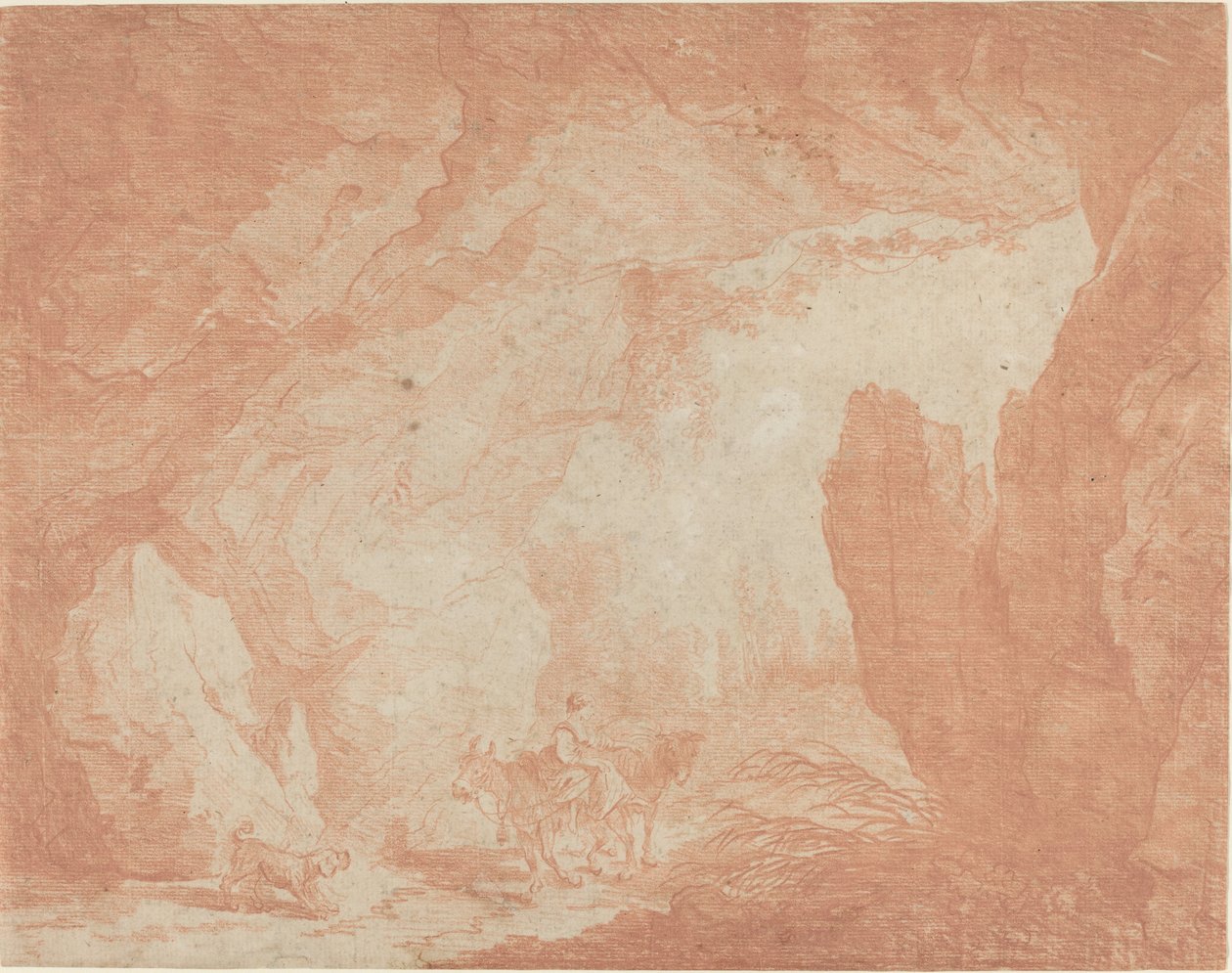 Doğal bir köprünün altından geçen eşekleri olan genç bir kadın by Hubert Robert