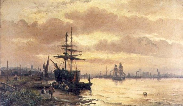Gün Batımında Bir Haliç Kıyısında Balıkçılar by Hubert Thornley