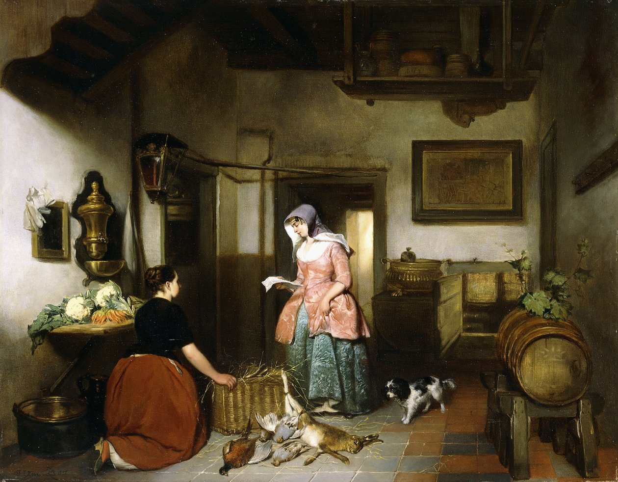 Kadın Temizlik Oyunu ile Bir Kilerin İçi, 1852 by Hubertus van Hove