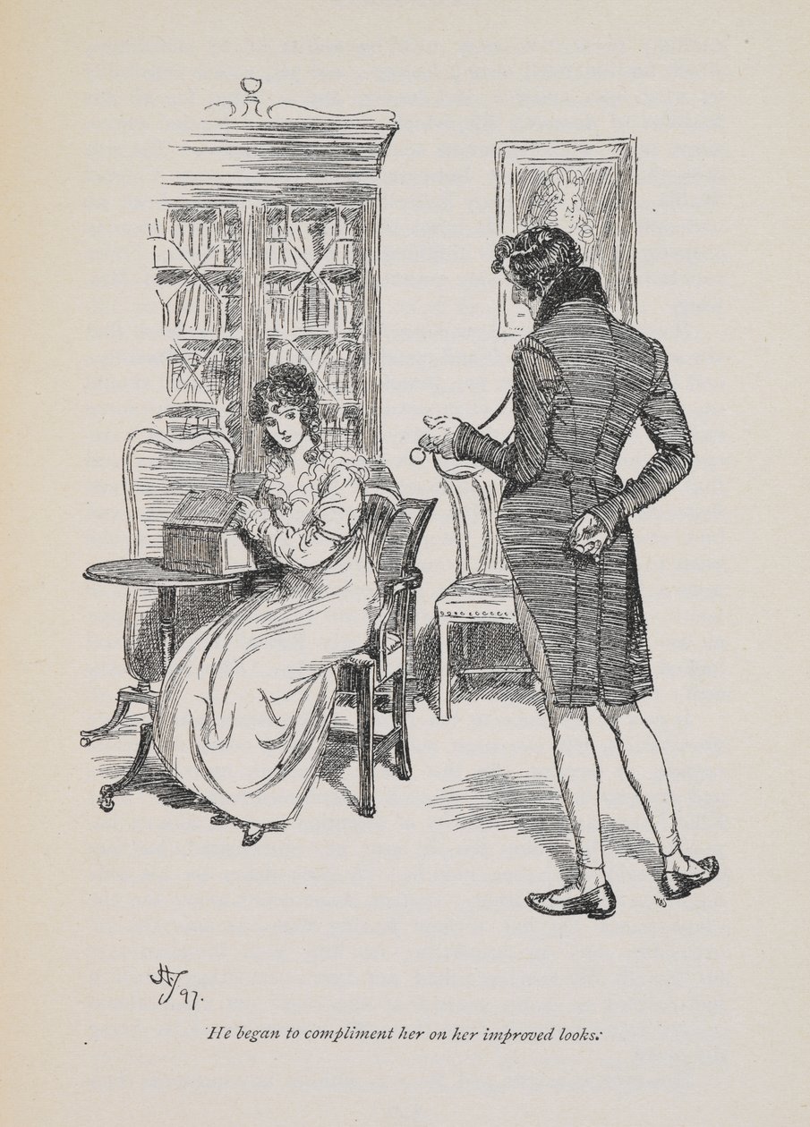 Jane Austen romanı 1897 (gravür) için "Gelişmiş görünümü için ona iltifat etmeye başladı" by Hugh Thomson