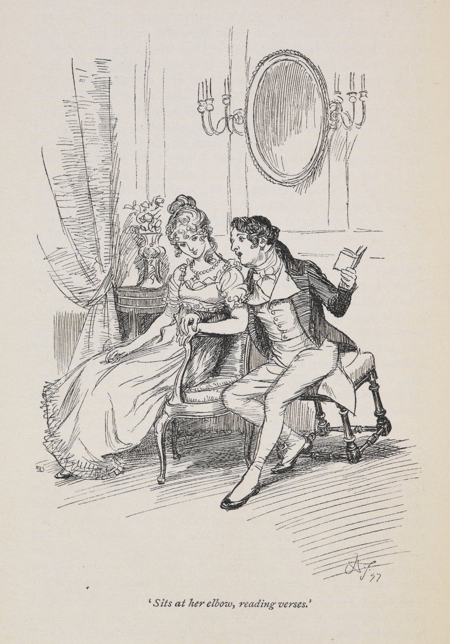 "Dirseğinde oturur, mısralar okur"., Jane Austen's Persuasion by Hugh Thomson