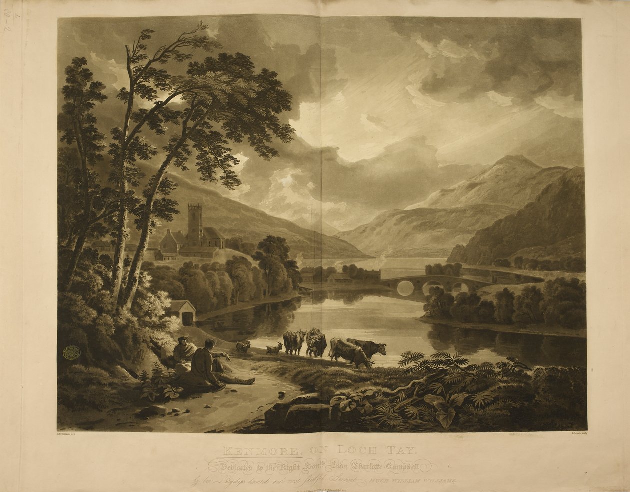 İskoçya'da Loch Tay'da Kenmore manzarasını gösteren çizim. Yaylalarda bir göl ve dağ manzarası. by Hugh William Williams