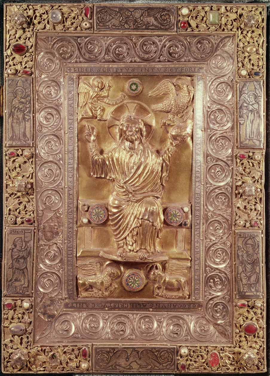Evanjelistlerin sembolleri arasında Mesih in Majesteleri, c.1228 (gümüş, ince taş ve emaye) by Hugo d Oignies