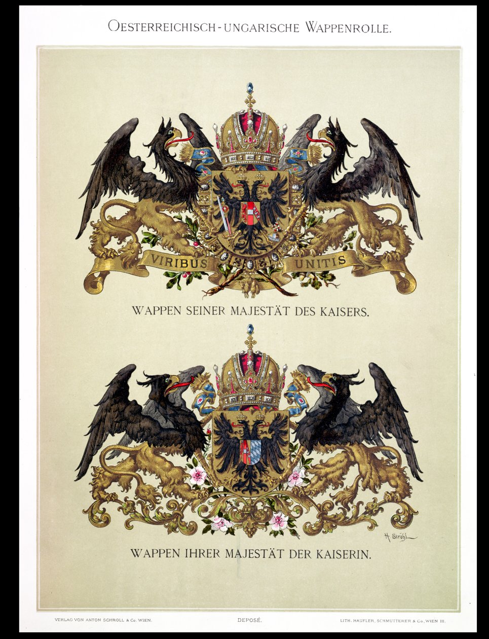Sanatçı tarafından 'Heraldischer Atlas'tan İmparator Franz Joseph I (1830-1916) ve Bavyera İmparatoriçesi Elizabeth'in (1837-98) armalarını içeren plaka, 1899 by Hugo Gerard Strohl
