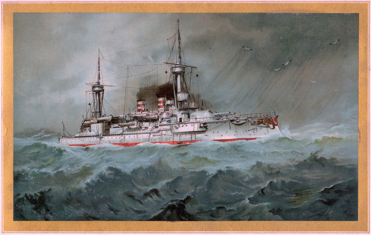 SMS. Linienschiff Brandenburg (beyaz kalkan üzerinde kırmızı kartal arması, S.M.S. Wörth = altın kalkan üzerinde siyah imparator kartal) by Hugo Graf