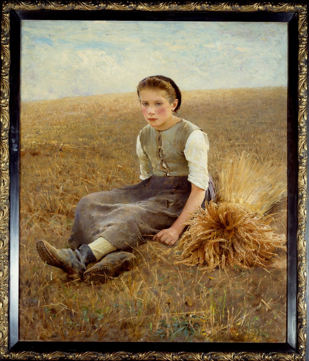 Saman üzerinde oturan küçük bir İsveçli köylü. Hugo Salmson (1844-1894) 1886 Güneş tarafından yapılan resim. 1,34x1,10 m Nantes, Güzel Sanatlar Müzesi - Küçük toplayıcı. Küçük bir İsveçli köylü samanda oturuyor. Hugo Salmson