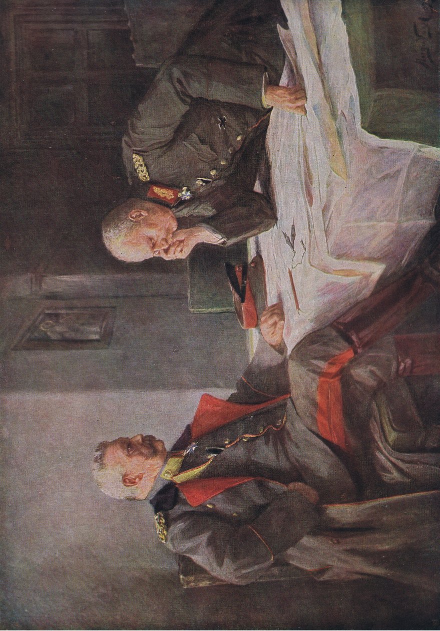 Studying a war plan, illustration from Hindenburg published by Daterlandischer Derlag C U Weller Berlin, 1922  by Hugo Vogel