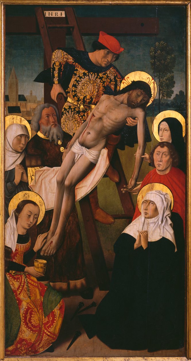 Üçlü Tutku, Haçtan İniş, sağ panel (panelde yağlı boya) (ayrıca bkz. 345855, 345856, 345857) by Hugo van der (studio of) Goes