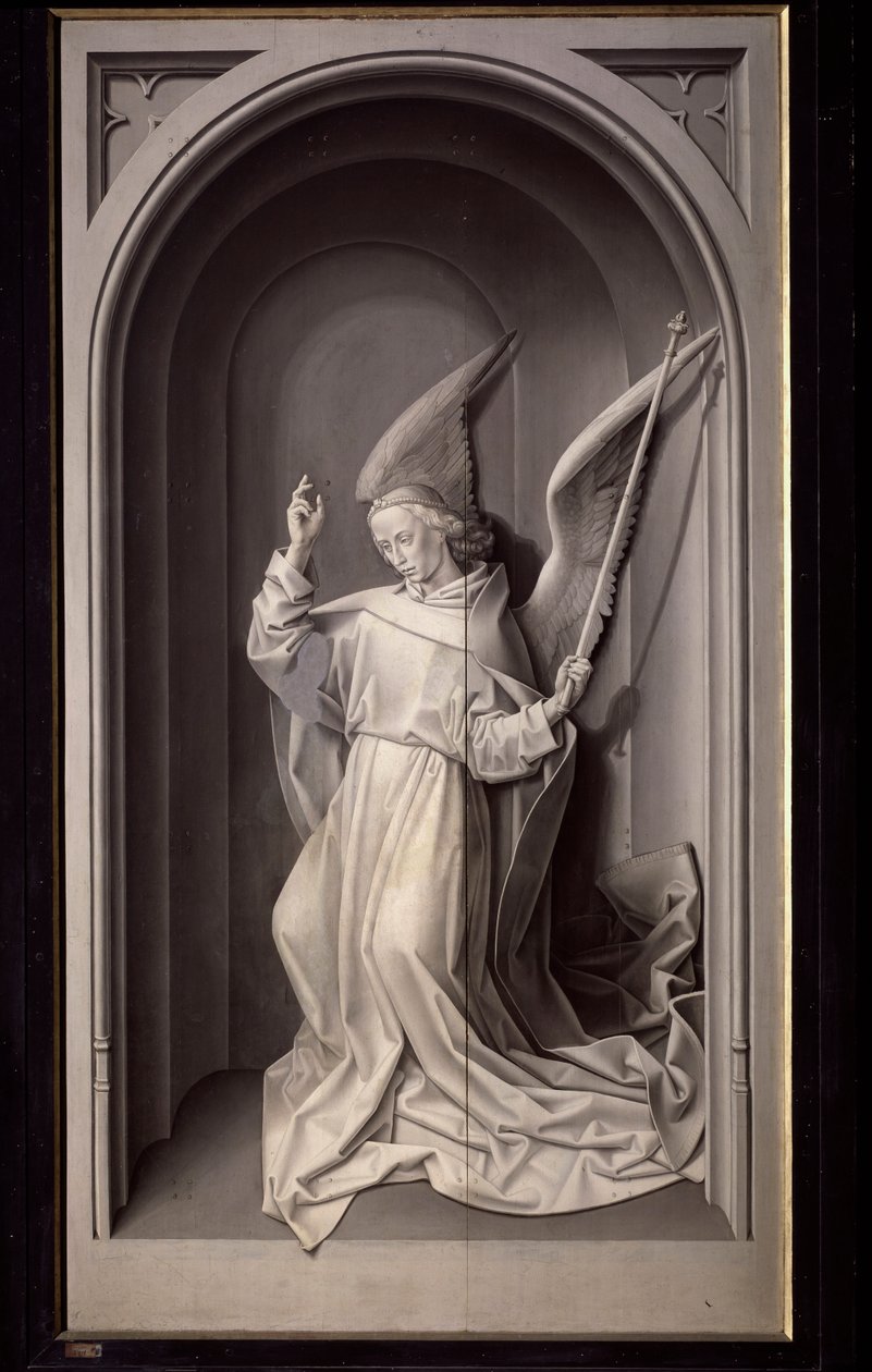 Müjde Meleği, Portinari üçlüsünün dış paneli - panel üzerine yağ, c.1475 by Hugo van der Goes