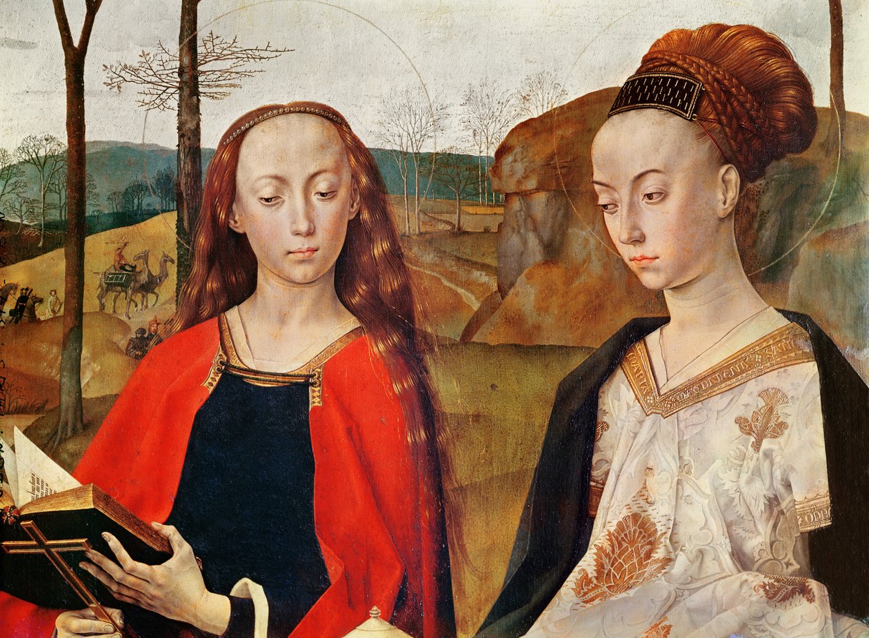 Aziz Margaret ve Aziz Mary Magdalene. Portinari Sunağı#39;ndan detay. Yaklaşık 1479. Paneldeki yağ by Hugo van der Goes