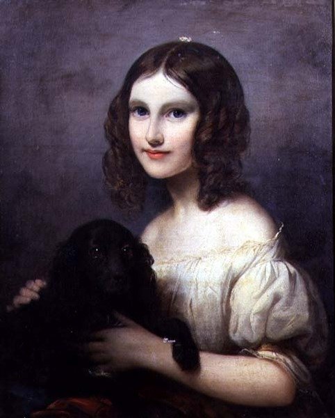 Evcil köpeği olan genç bir kızın portresi by Hugues Merle