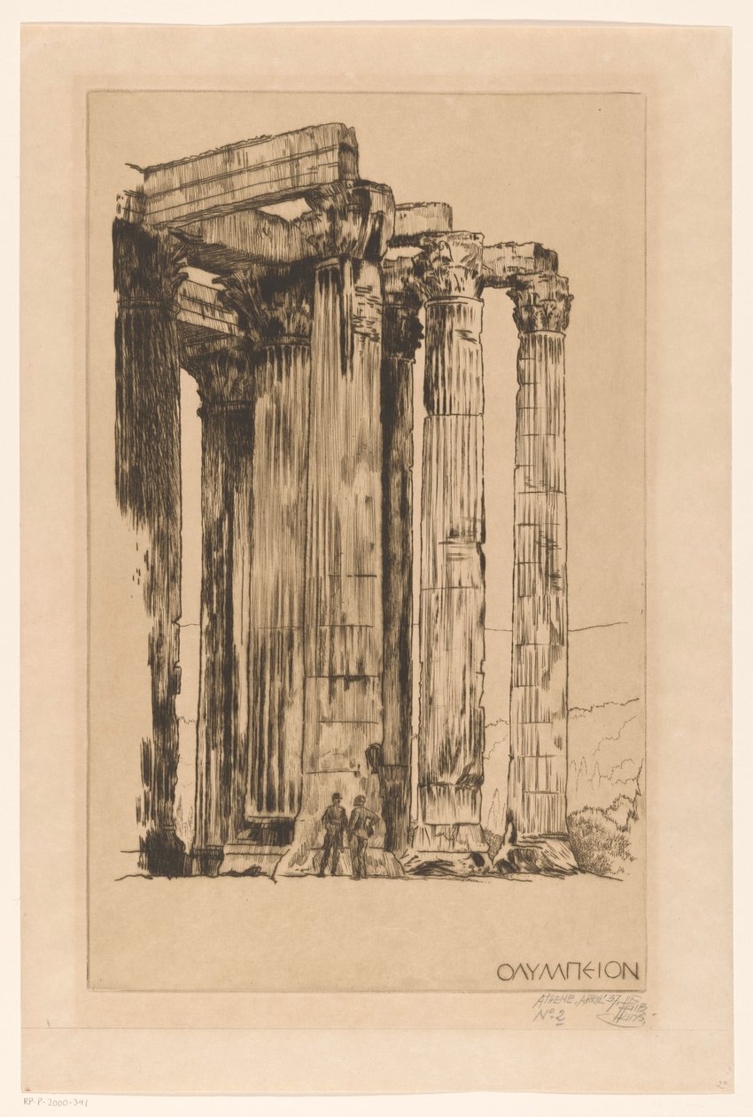 Bir sütunun önünde iki adamla Olympieion Olymπeion (nesne üzerindeki başlık) by Huib Luns (signed by artist)