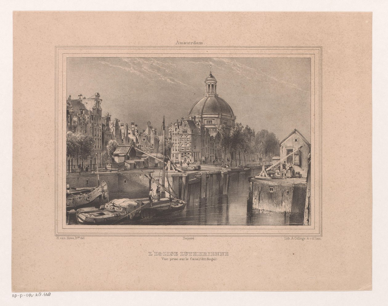 Gezicht op de Stromarkt, het Singel en de Lutherse kerk Lutheran Kilisesi. Kanalda çekilen görüntü (Singel olarak bilinir) (nesne üzerindeki başlık) Amsterdam Hatırası H. van Hove Bz. (dizi adı) by Huib van Hove Bz