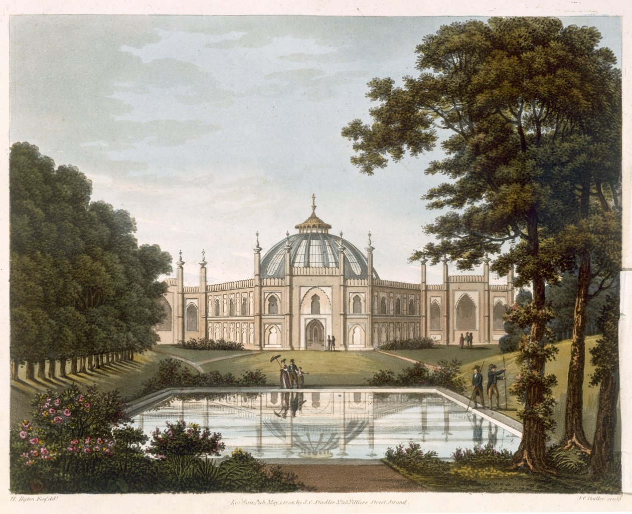 Brighton Pavilion: Arka planda Brighton Pavilion'un bir parçası olan bahçenin önerilen görünümü, JC Stadler tarafından oyulmuş, c.1816 by Humphry Repton