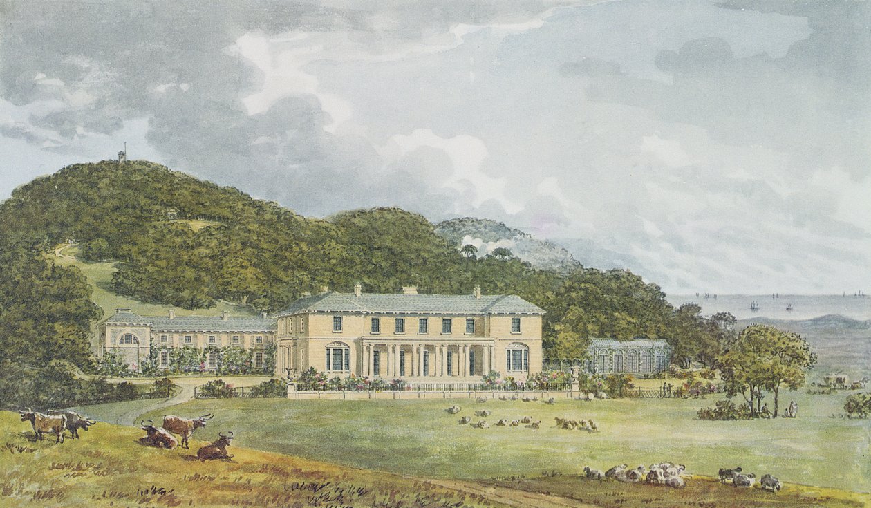 Güney cephesi, batı cephesi perspektifte, Antony House için Kırmızı Kitaptan, c.1812 by Humphry Repton
