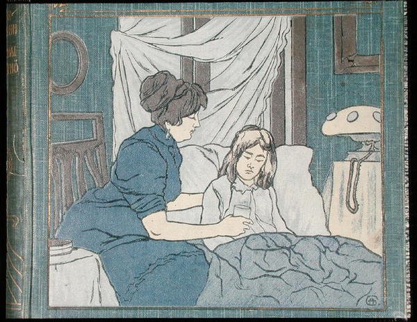 Hasta kızına bakan bir anne, bir aile tıp kitabının kapağından, c.1900 (renkli taş) by Hungarian School