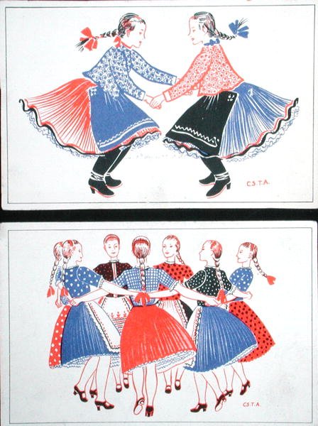 Geleneksel Macar danslarını betimleyen kartpostallar, c.1947-8 (renkli taş) by Hungarian School
