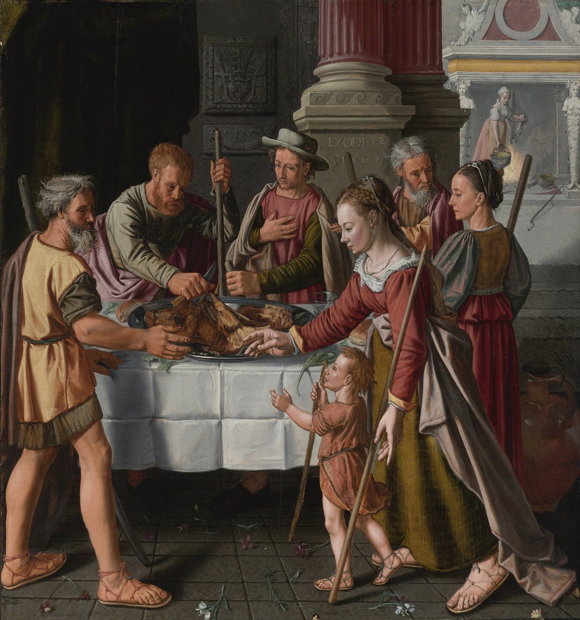 ""Yahudi Paskalyasının İlk Günü"" (Birinci Fısıh Bayramı) Tablosu Huybrecht Beuckelaer (1563-1584 civarında aktif) - 1563 - Ahşap üzerine yağlıboya Dim 105x99 cm Özel Koleksiyon by Huybrecht Beuckeleer or Beuckelaer