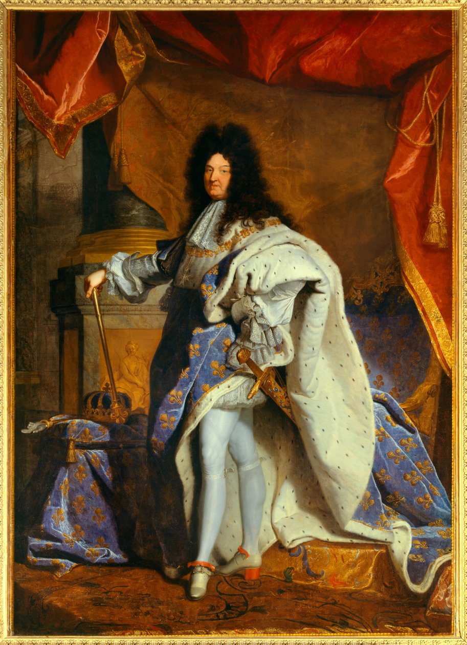 Louis XIV'in (1638-1715) 63 yaşında büyük kraliyet kostümlü tam boy portresi Hyacinthe Rigaud'un (1659-1743) atölyesinden resim by Hyacinthe (studio of) Rigaud