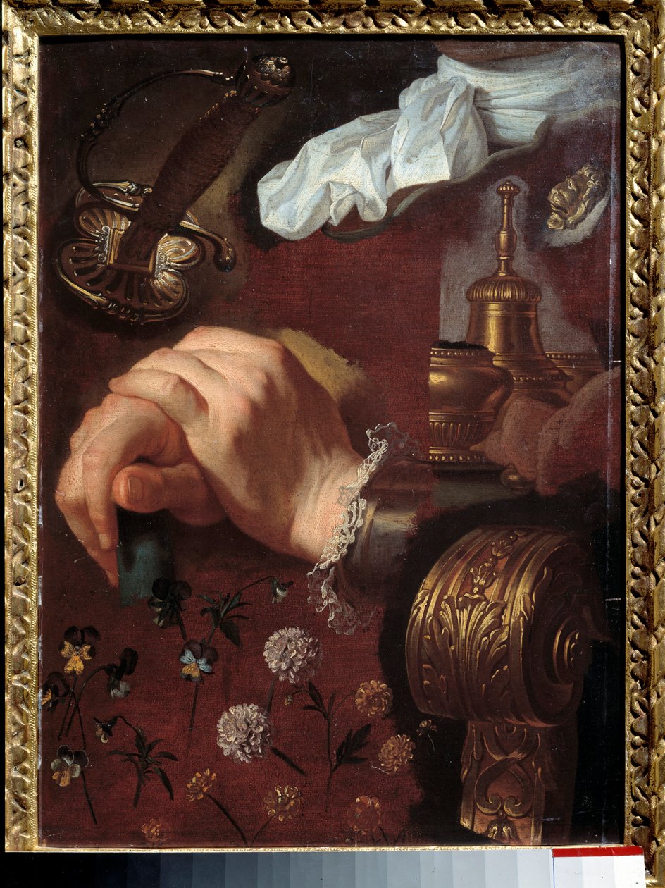 Çapraz eller, kumaşlar, çiçekler, çan, epe çalışması Resim Hyacinthe Rigaud (1659-1743) tarafından 18. yüzyıl Rouen, Musee des Beaux Arts by Hyacinthe Francois Rigaud