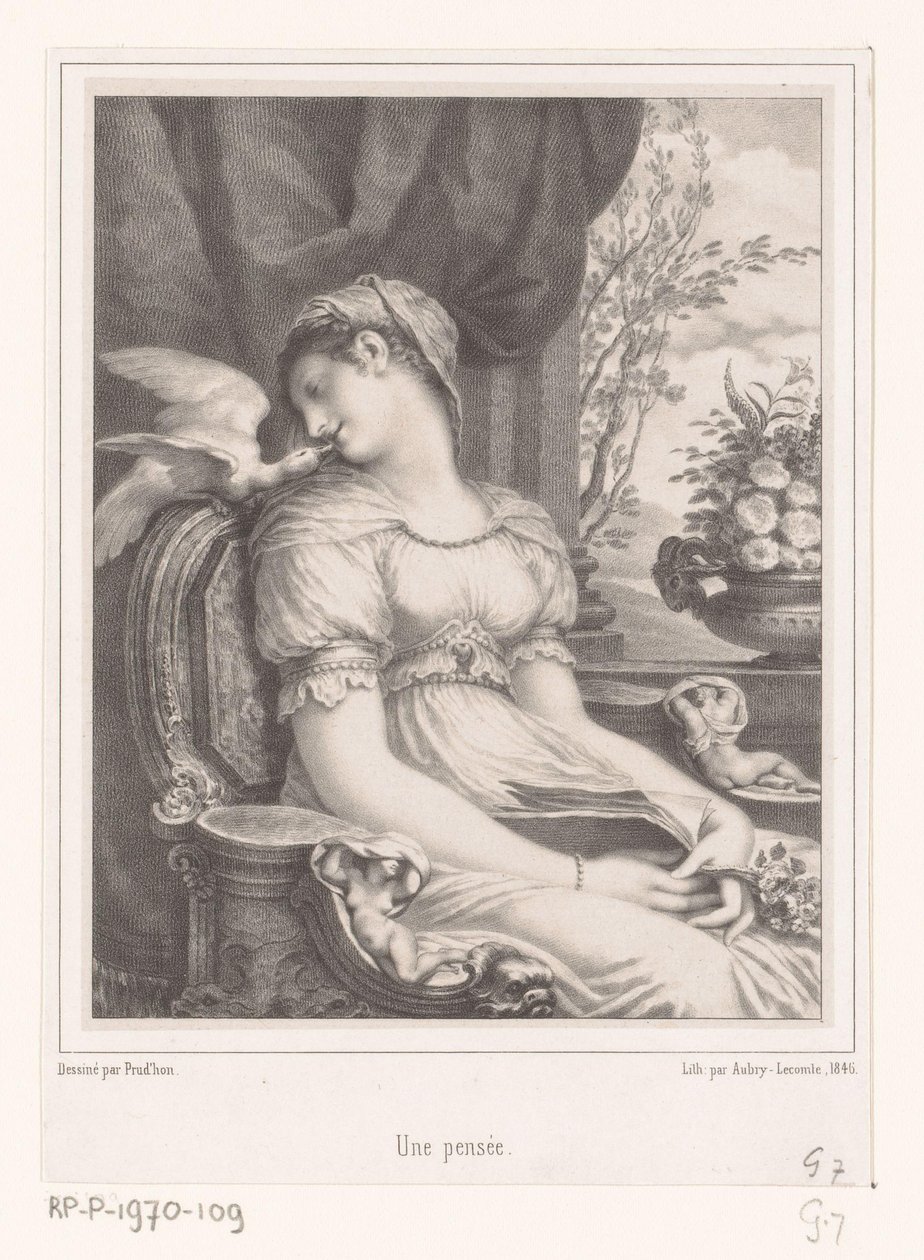 Kitap ve beyaz kuş ile oturan kadın Une pensée (nesne üzerindeki başlık) by Hyacinthe Louis Victor Jean Baptiste Aubry Lecomte