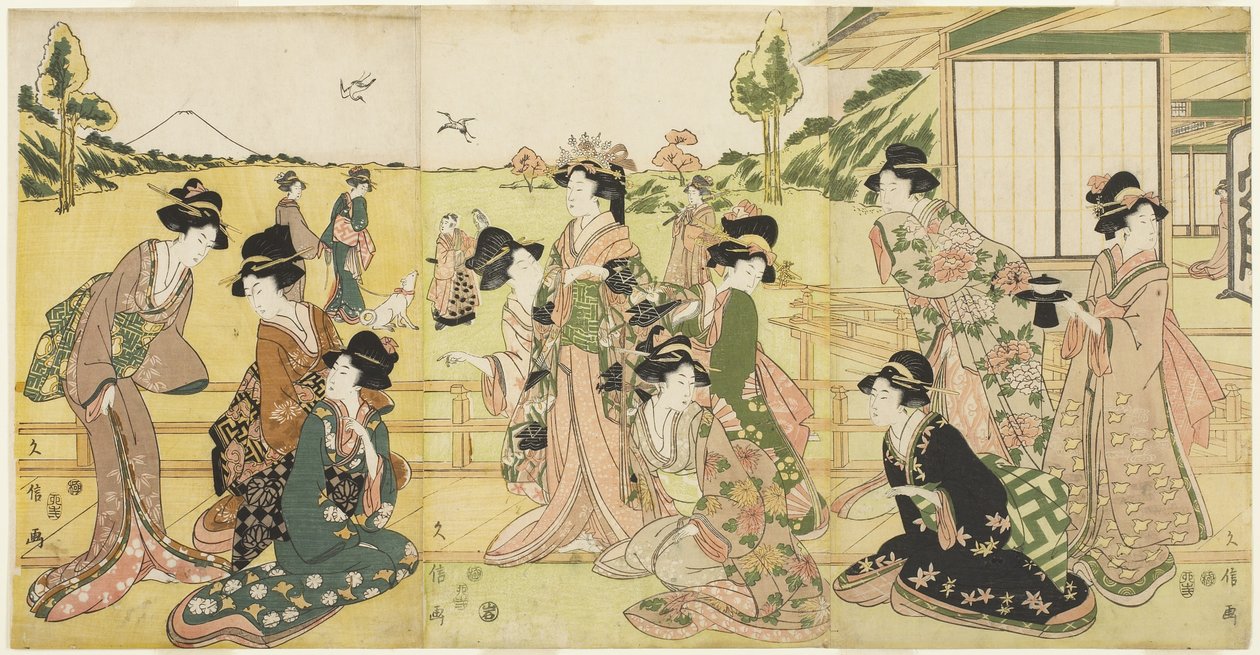 Hawking Party, 1807 (colour woodblock print) by Hyakusai Hisanobu Hyakusai Hisanobu