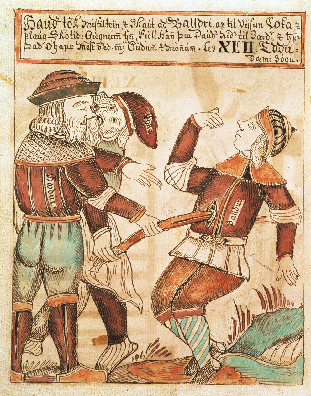 Ny Kgl Saml 1867.4, s.95v The Killing of Balder (kağıt üzerine kalem ve mürekkep ve sulu boya) (ayrıca bkz. 169947) by Icelandic School