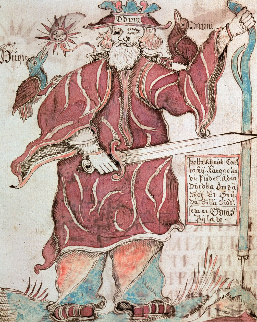 Odin, with his two crows, Hugin (thought) and Munin (memory)  by Icelandic School