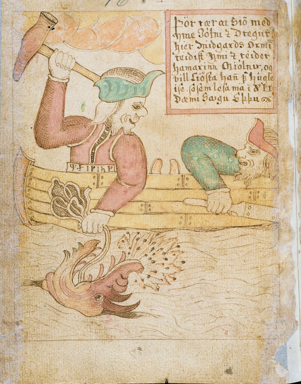 Midgard Yılanını Yakalayan Thor, 'Melsted's Edda'dan (kalem ve mürekkep ve kağıt üzerine sulu boya) by Icelandic School