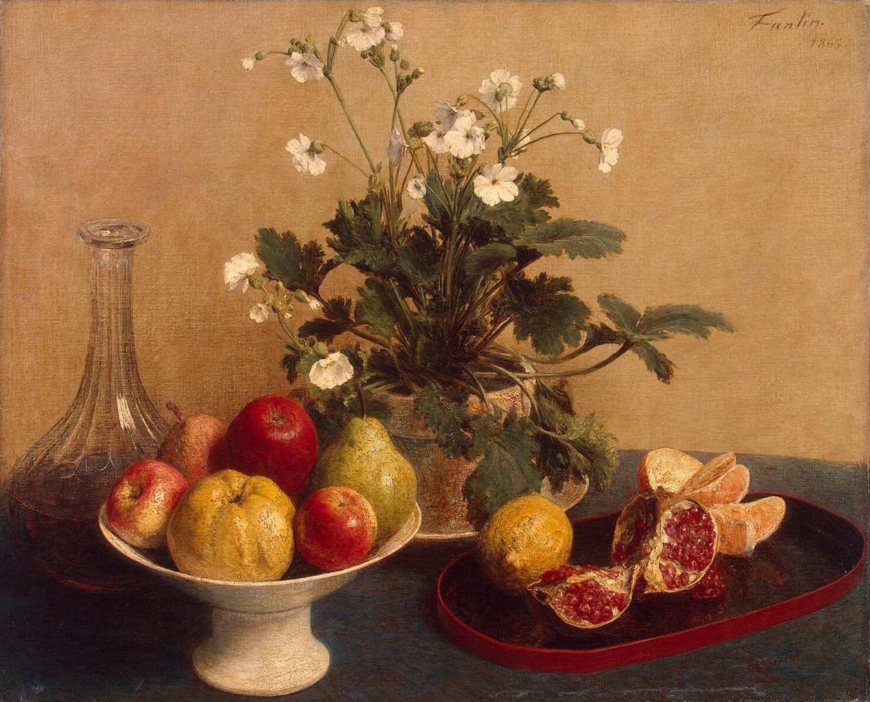 Çiçekler, meyve ve sürahi ile yemek, 1865 by Ignace Henri Jean Fantin Latour